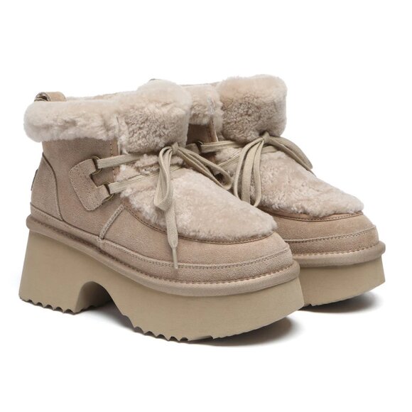 Womens Ugg Classic New Height Sand Suede Shearling Platform Lace-Up Bootie 9 - Picture 1 of 13